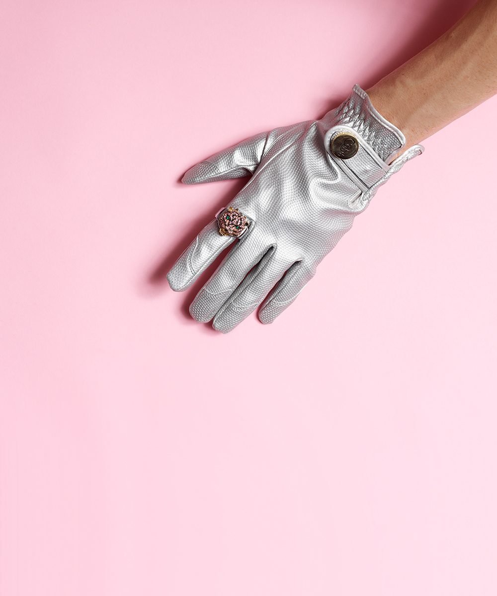 Silver bullet gloves with pink background